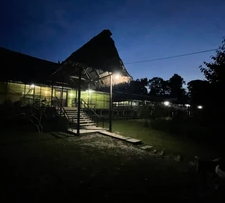 Eco-lodge at night surrounded by jungle