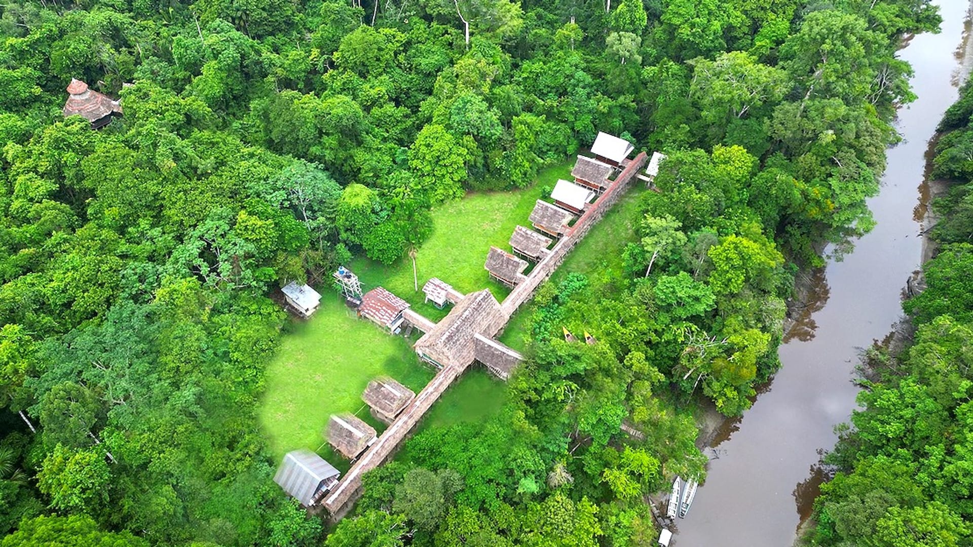Aerial view of Brisa Tropical Eco-Lodge on the Yanayacu River, Peruvian Amazon